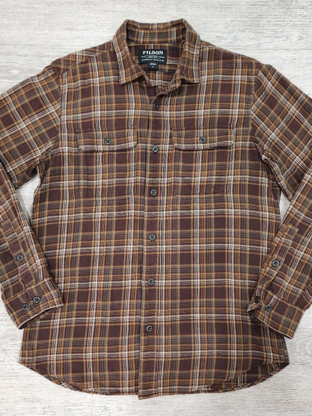 Filson Flannel Check Plaid Long Sleeve Shirt Tan Brown Outdoor Men's Size S
